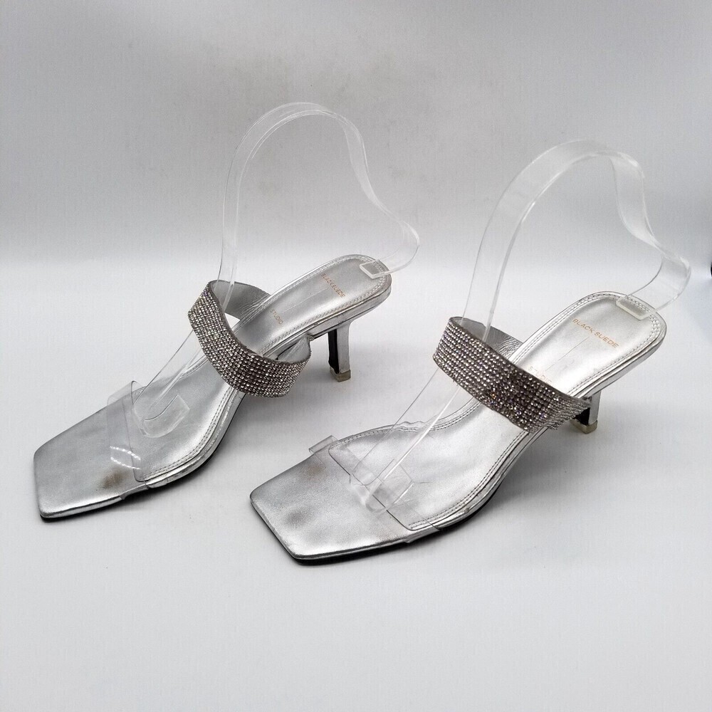 Black Suede Studio Women Silver Crystal Clear Double Strap Heel Sandal 38 US 7.5